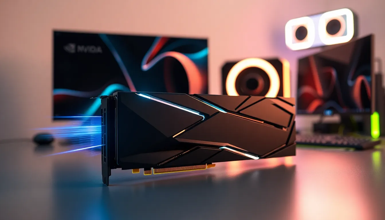 sleek Nvidia video card displayed in a high-tech gaming setup.