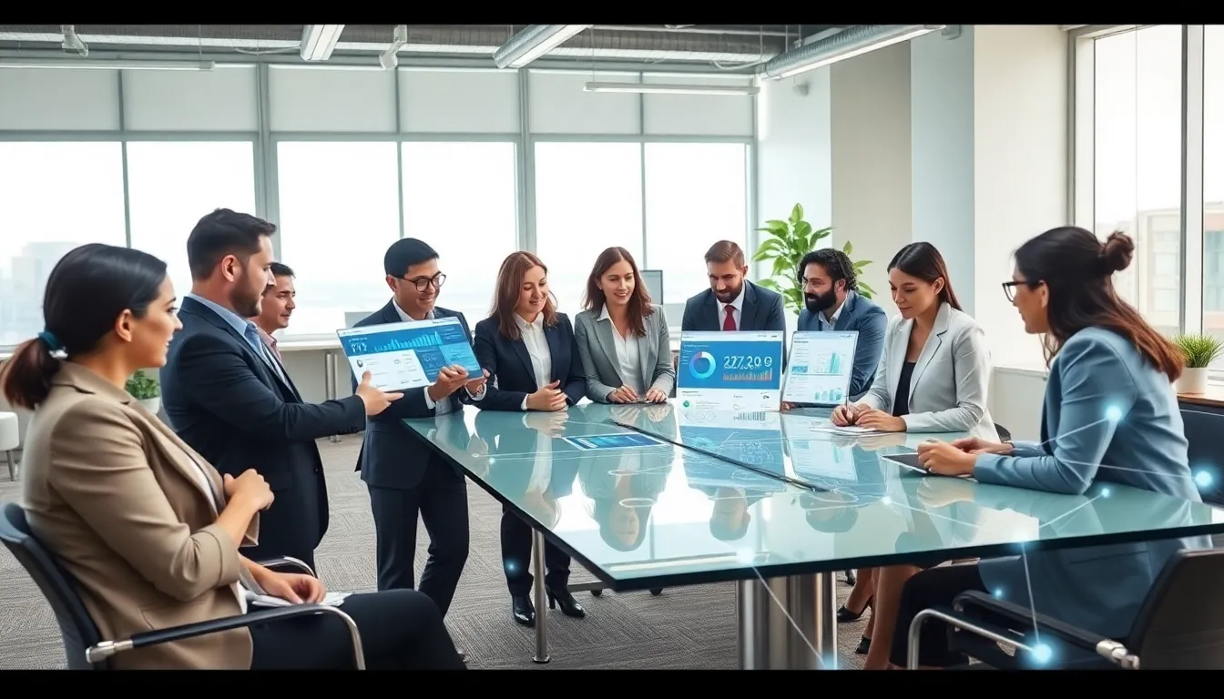 diverse professionals collaborating around a high-tech conference table.