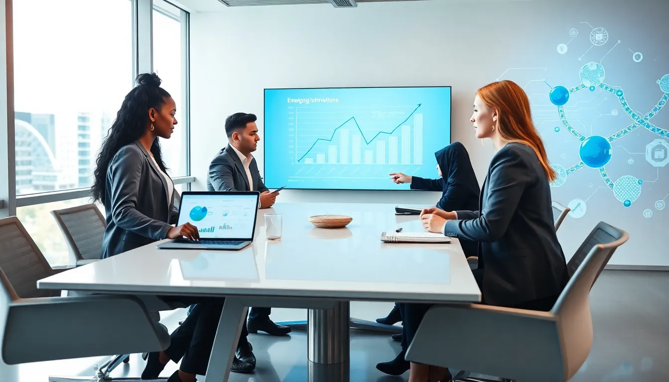 diverse team discussing emerging technologies in a modern office.