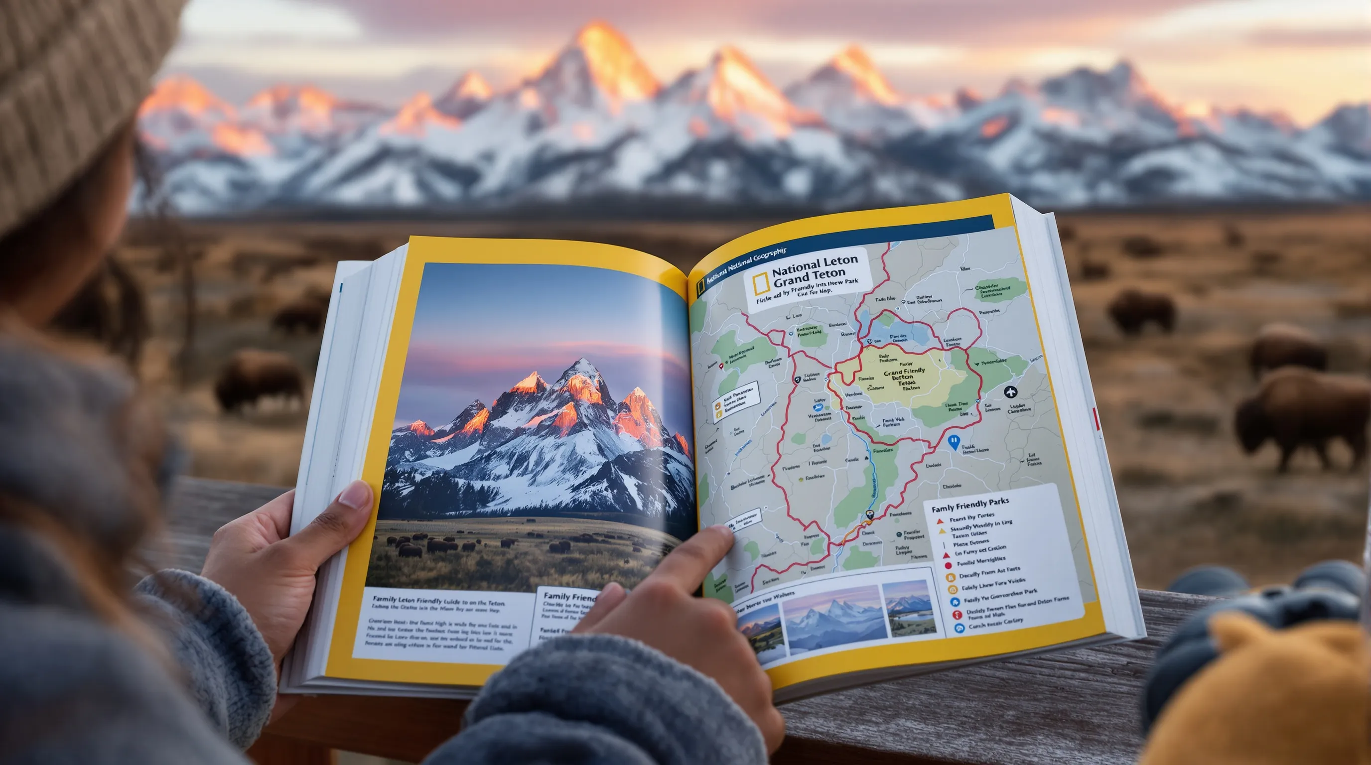 Parent and child study a national parks guide at Teton sunrise with bison.