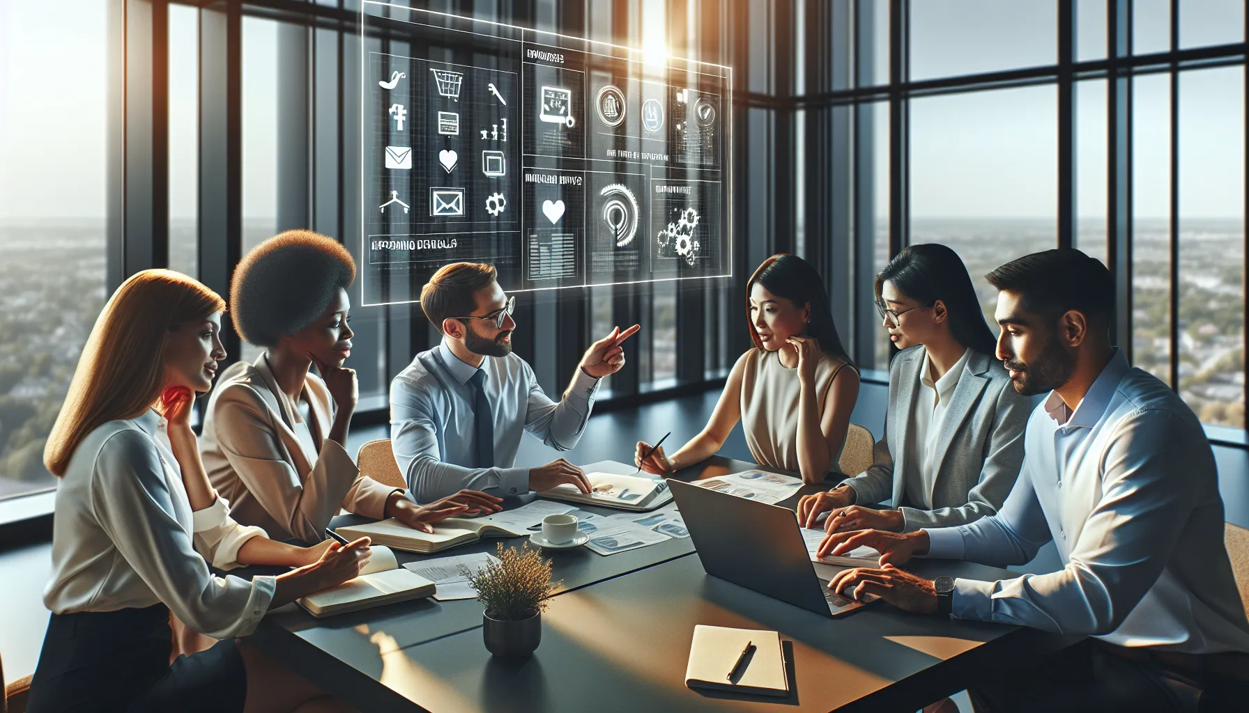 diverse team discussing deals on Model Xucvihkds in a bright office.