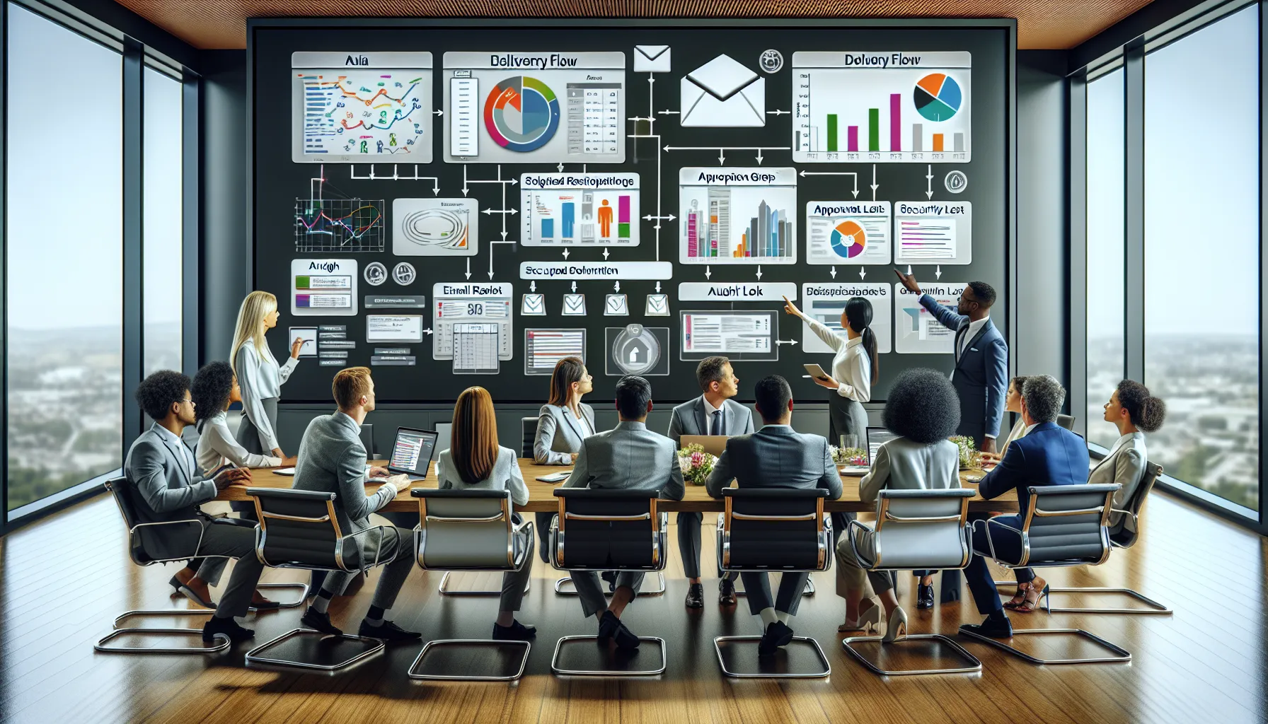 Analytics team reviewing Tableau email automation strategy on a dashboard in a modern office.