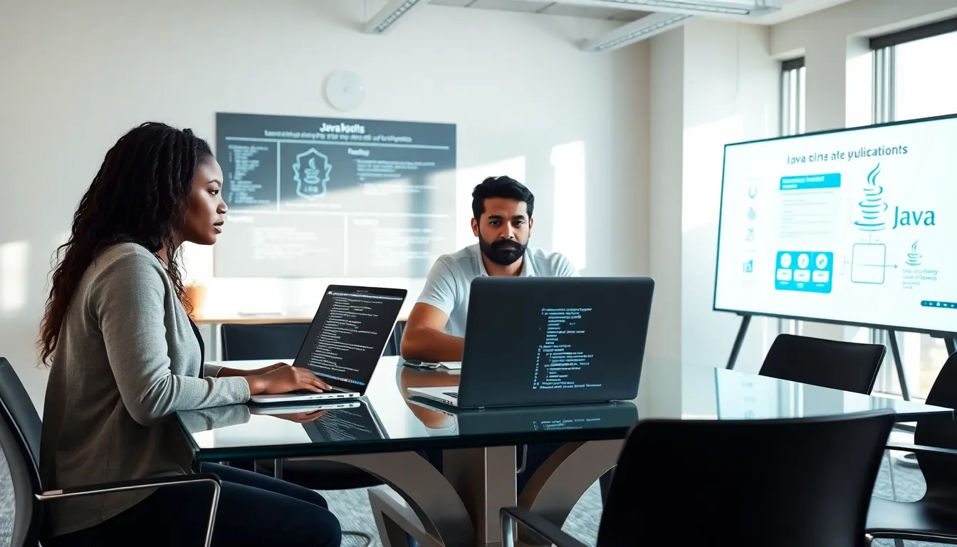 diverse team collaborating on Java code in a modern office.