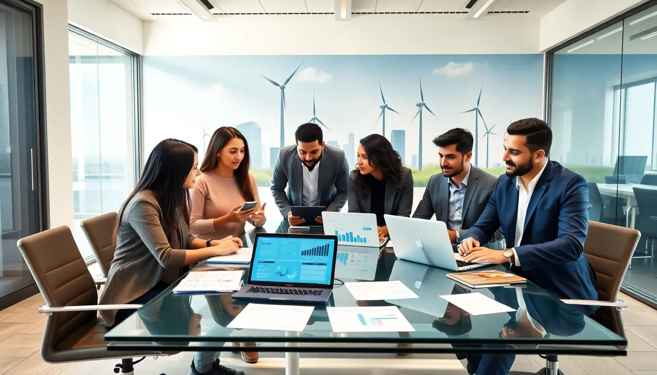 diverse team discussing renewable energy solutions in a modern office.