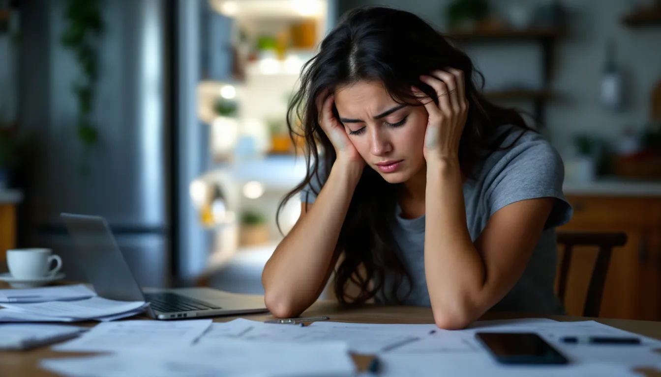 Exhausted woman at a cluttered kitchen table showing signs of mental fatigue.