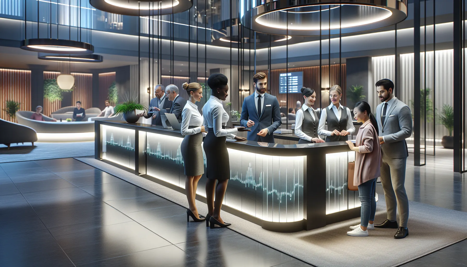 diverse hotel staff collaborating in a modern lobby.