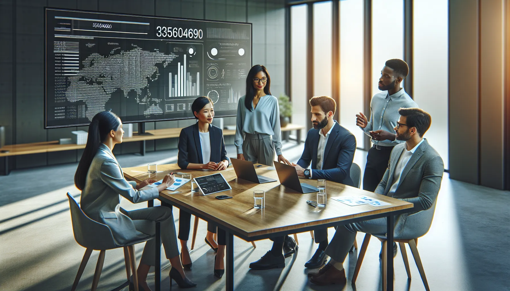 diverse professionals collaborating over data analytics in a modern office.