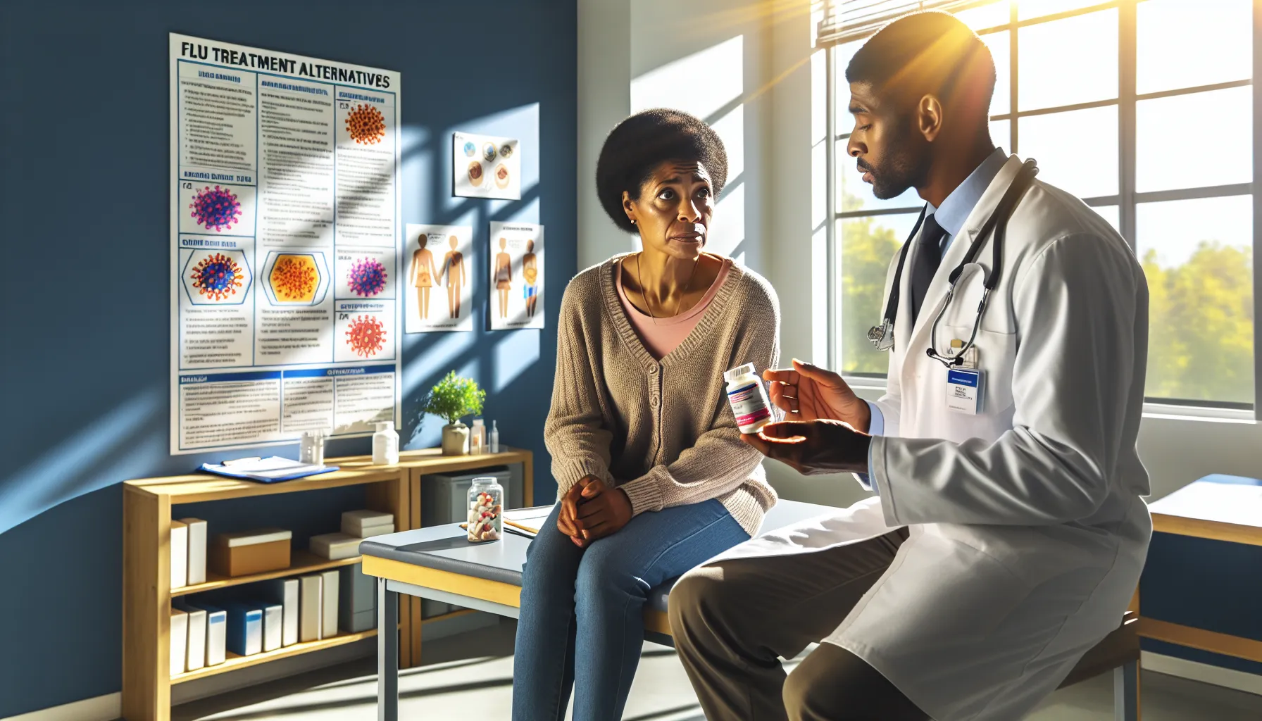 a doctor discussing flu treatment options with a patient in an examination room.