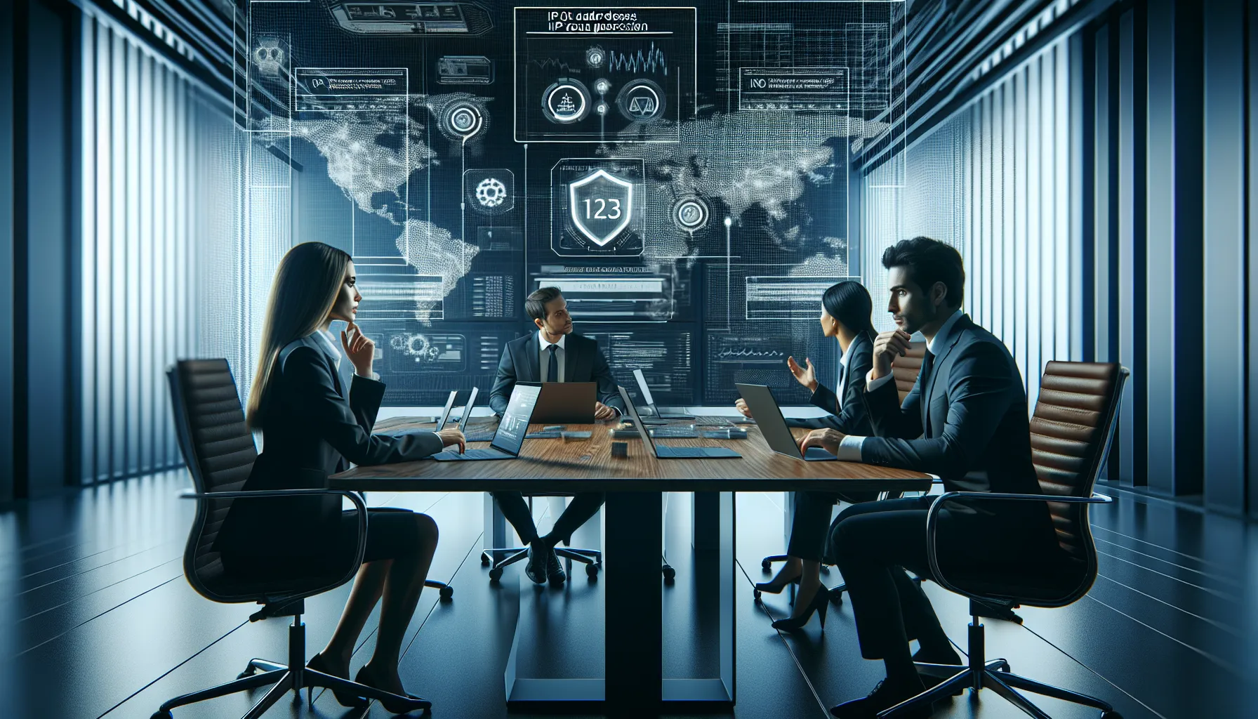 diverse team discussing cybersecurity measures in a modern office.