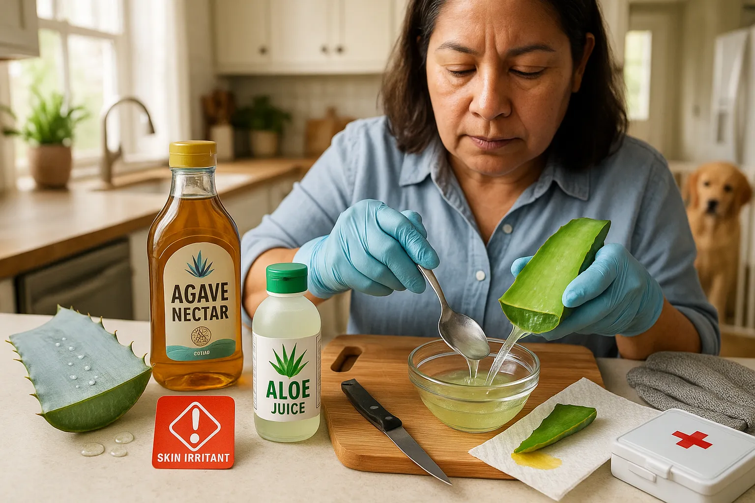 Person in kitchen safely preparing aloe gel beside agave and labeled bottles.