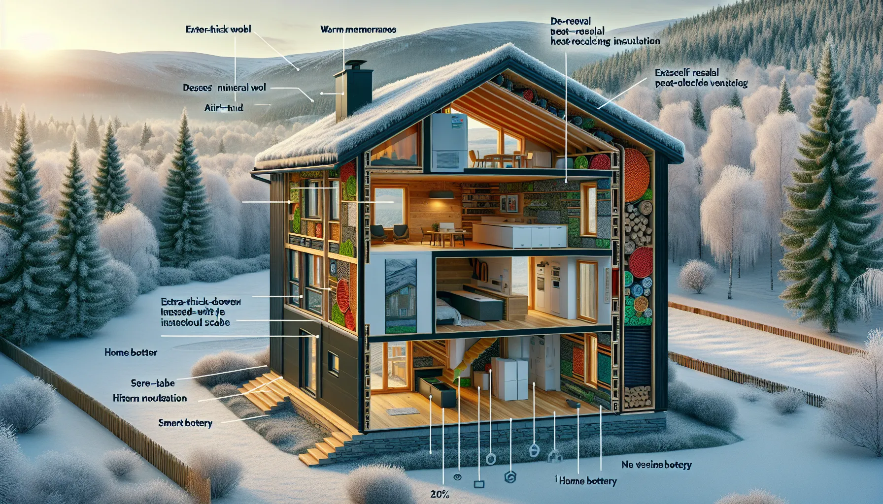 Hva er forskjellen mellom passivhus og nullutslippshus? 2 Norwegian house cutaway showing passive insulation and zero-emission solar energy systems.