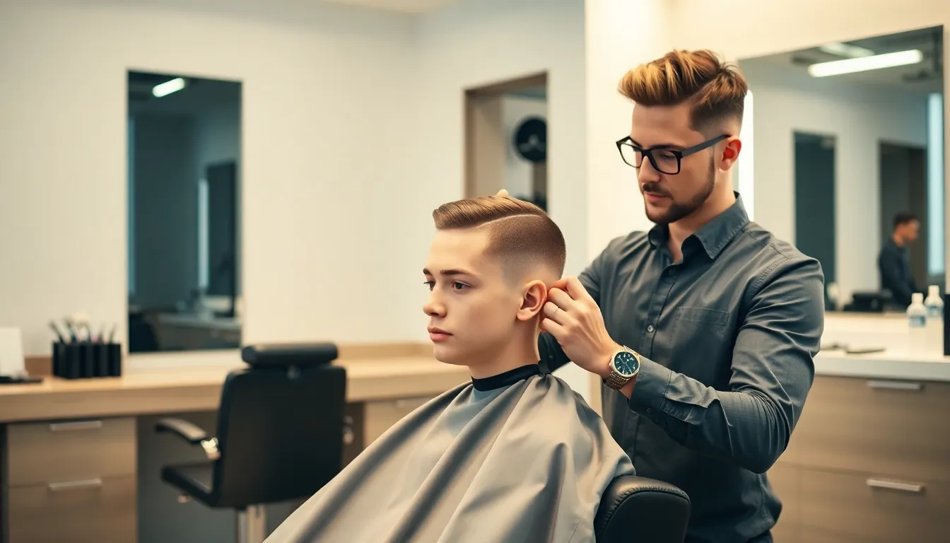 Barber creating a mid fade taper haircut on straight hair in a modern shop.