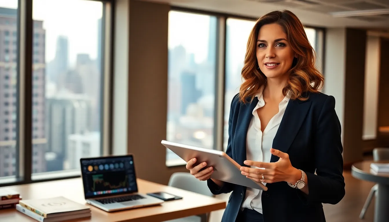 Rebecca Applewhite discussing blockchain in a modern office.