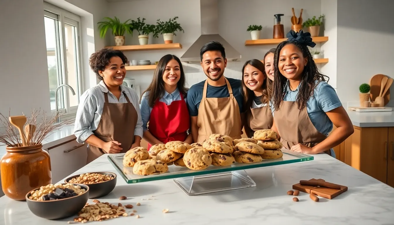 diverse group baking healthy cookies in a modern kitchen.