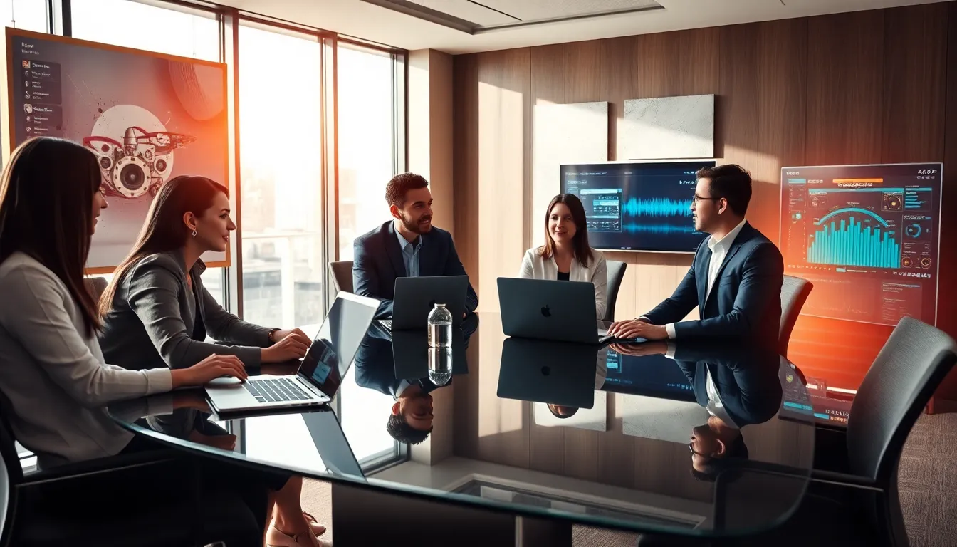 diverse professionals collaborating on audio solutions in a modern office.