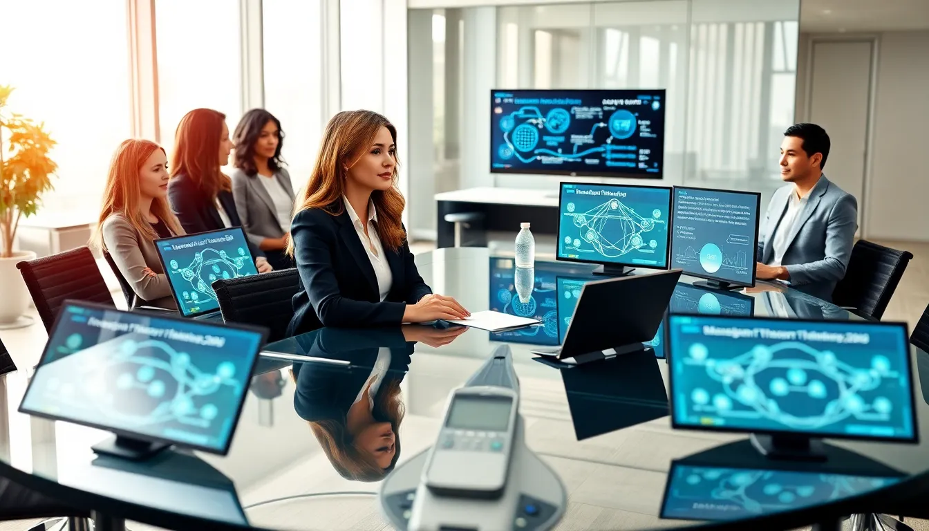 Stacy Klinger discussing blockchain technology with colleagues in a modern office.