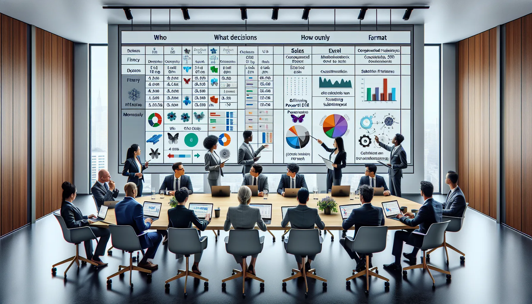 Analytics team planning targeted Power BI Excel report subscriptions in a modern office.