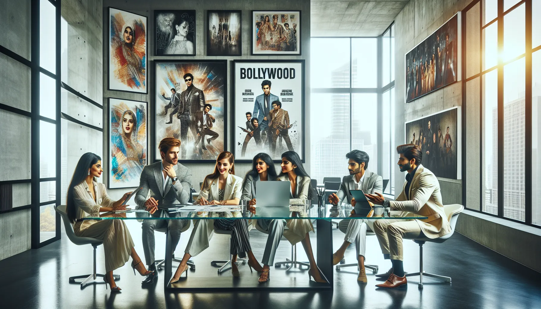 diverse team discussing Bollywood trends in a modern office.