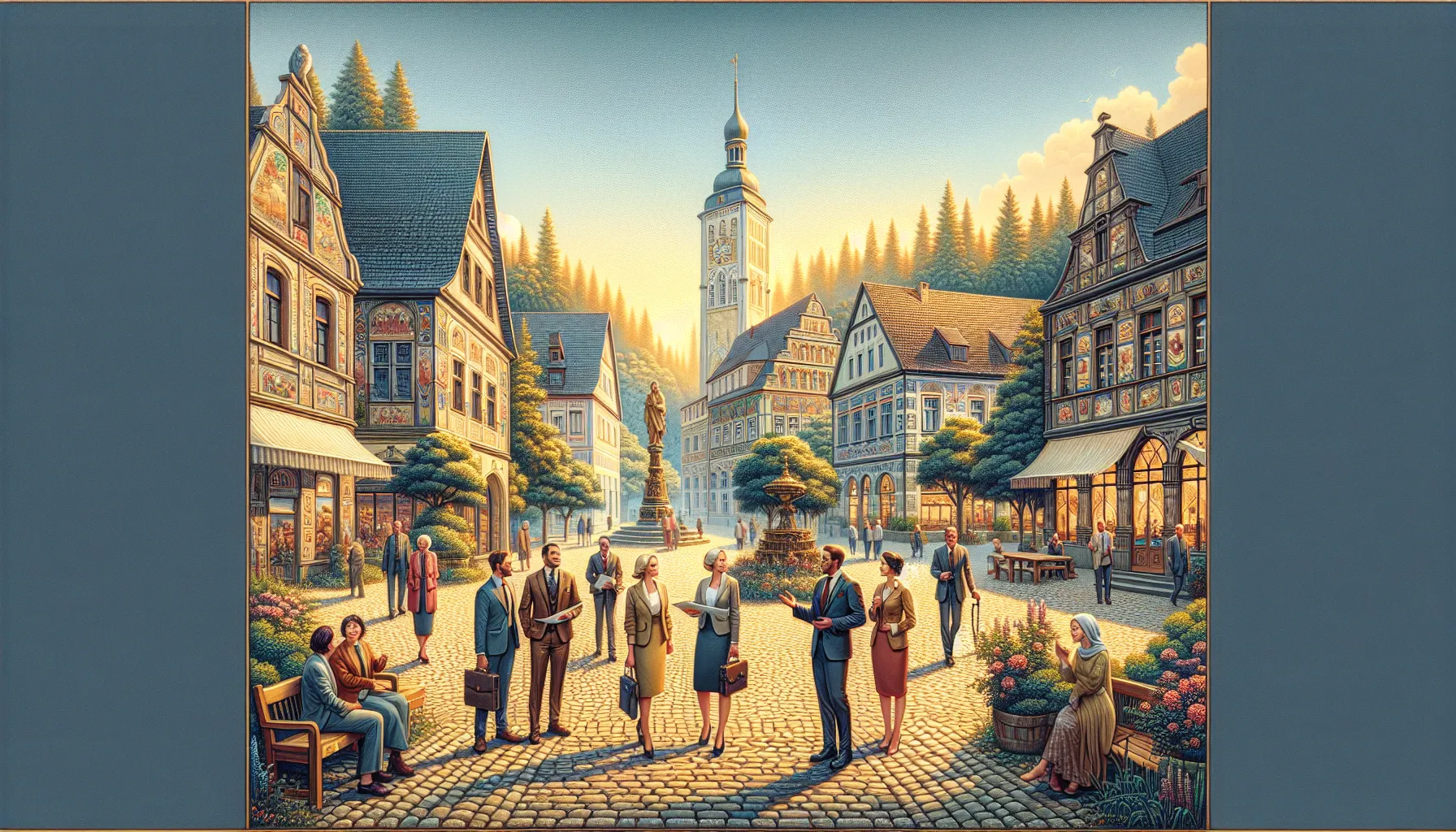 historical street scene in Hausizius with diverse people and monuments.