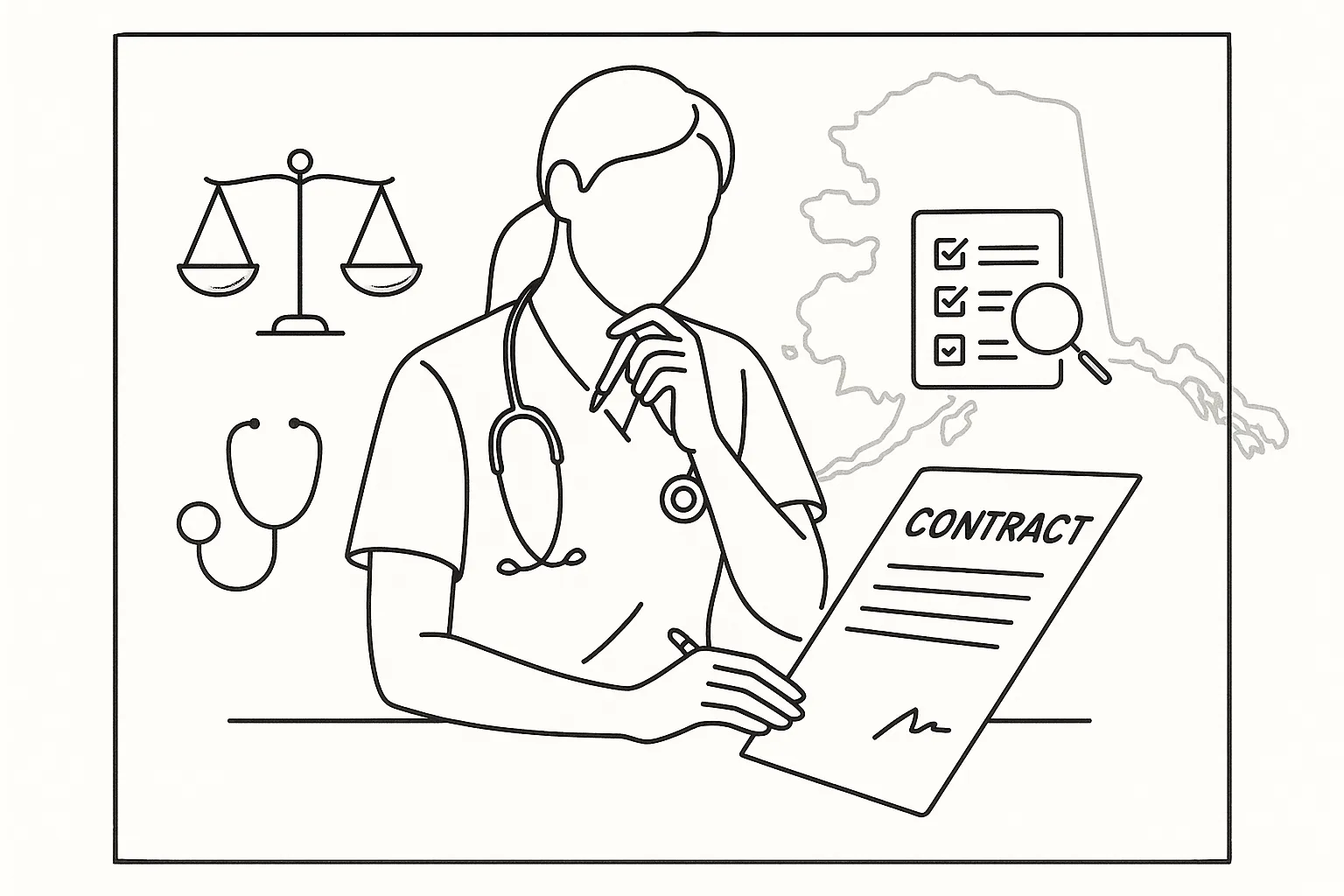 Nurse practitioner reviewing a contract with legal icons and Alaska outline of Alaska Nurse Practitioner Contract Review.