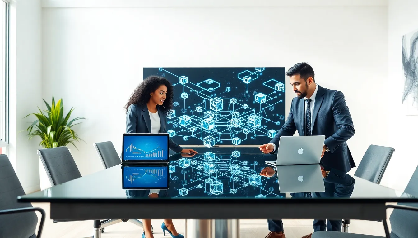 diverse professionals discussing blockchain technology in a modern office.