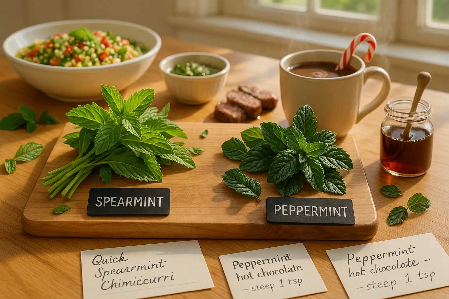 spearmint and peppermint on a cutting board with paired dishes