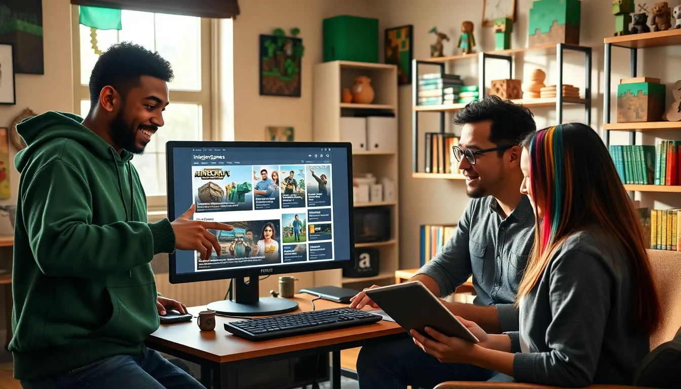 Minecraft enthusiasts discussing articles in a vibrant community space.