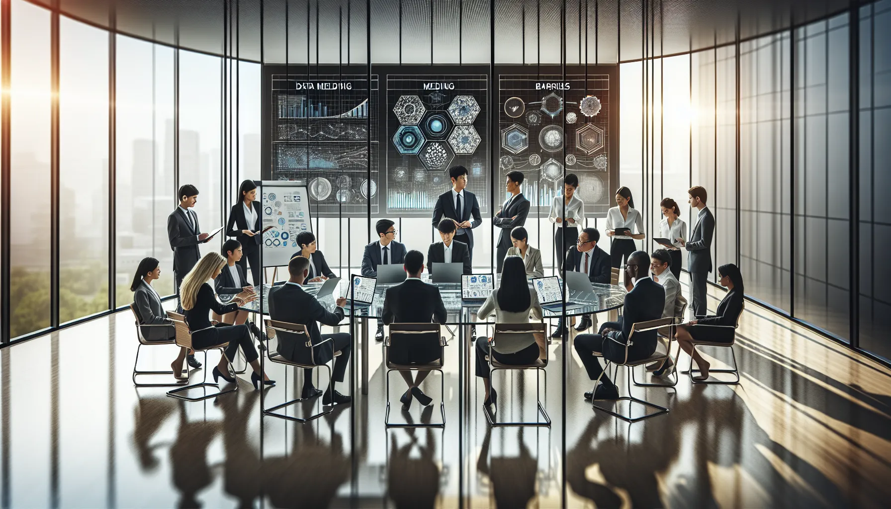 diverse team discussing technology integration in a modern office.