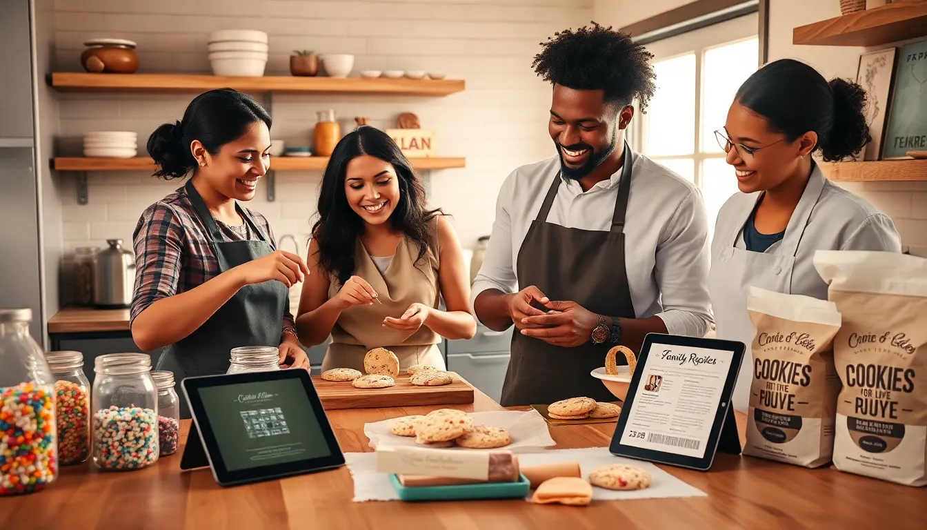 diverse bakers working together in a cozy kitchen making cookies.