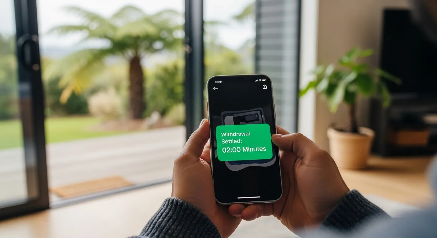 A person in New Zealand viewing an instant withdrawal confirmation on a smartphone.