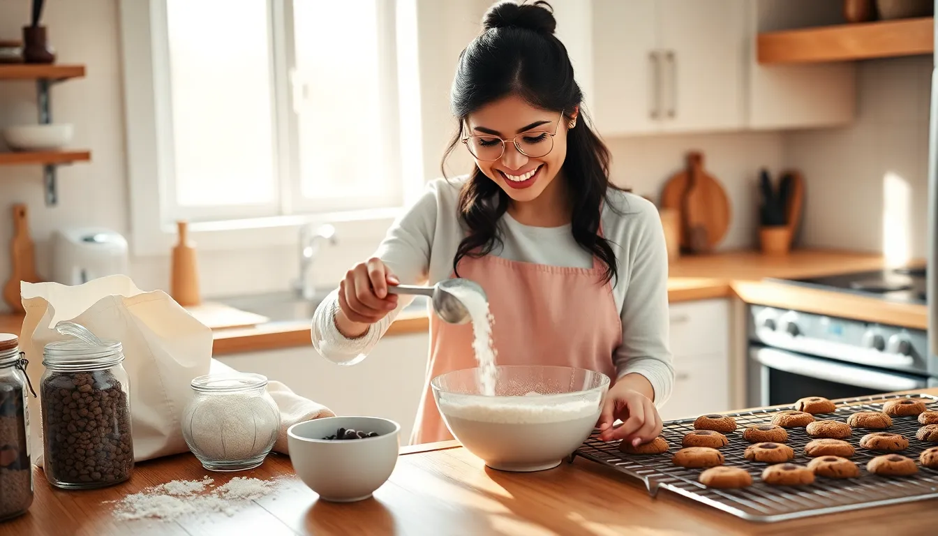 a woman baking cookies in a cozy kitchen filled with ingredients.