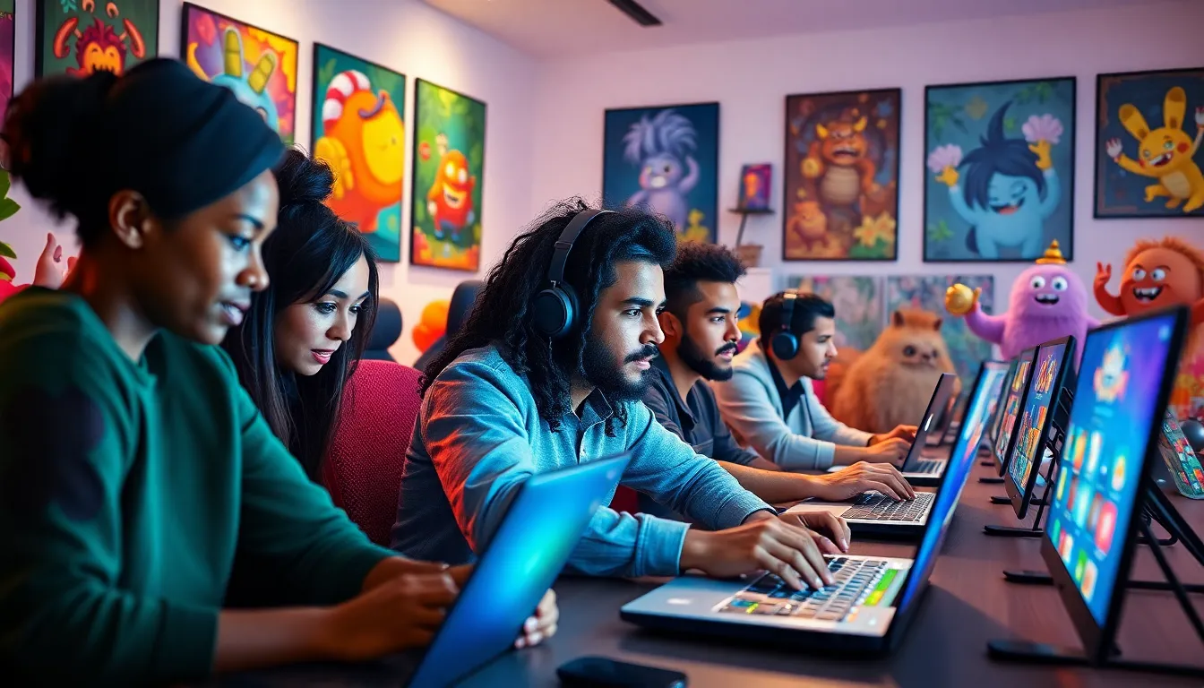 diverse gamers strategizing in a colorful Puffridsziaz gaming room.