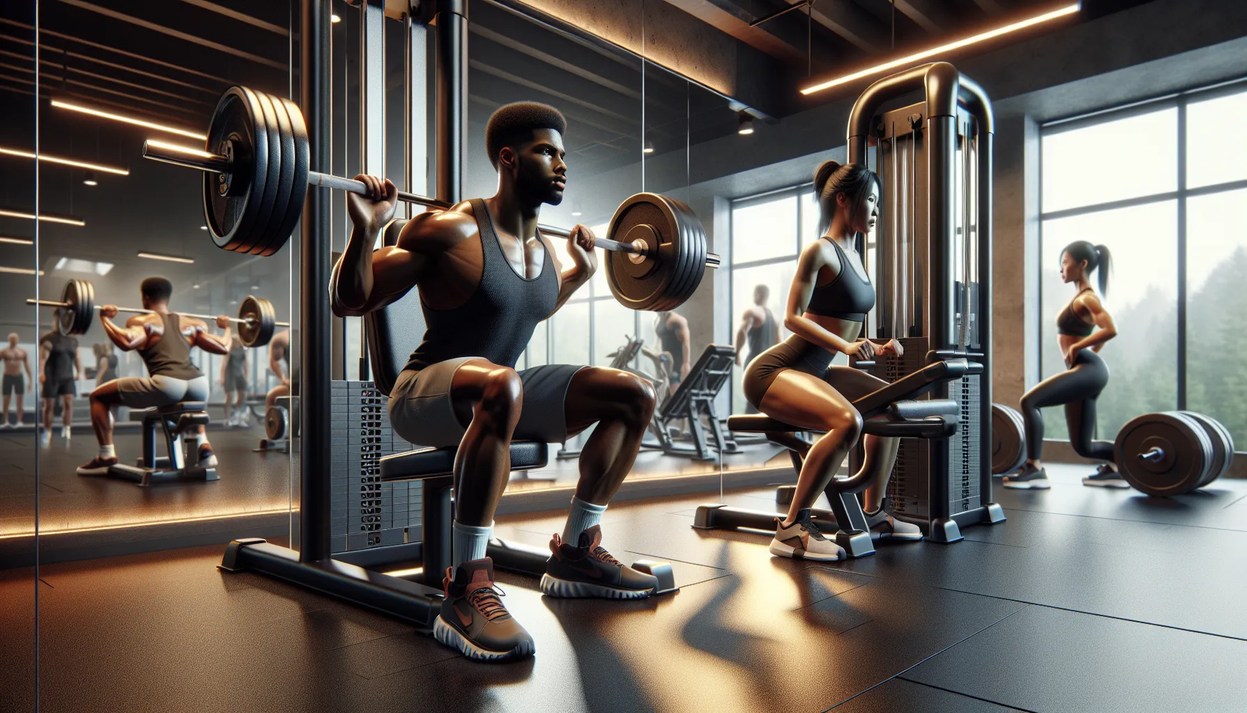 A gym with individuals performing isolation and compound exercises.