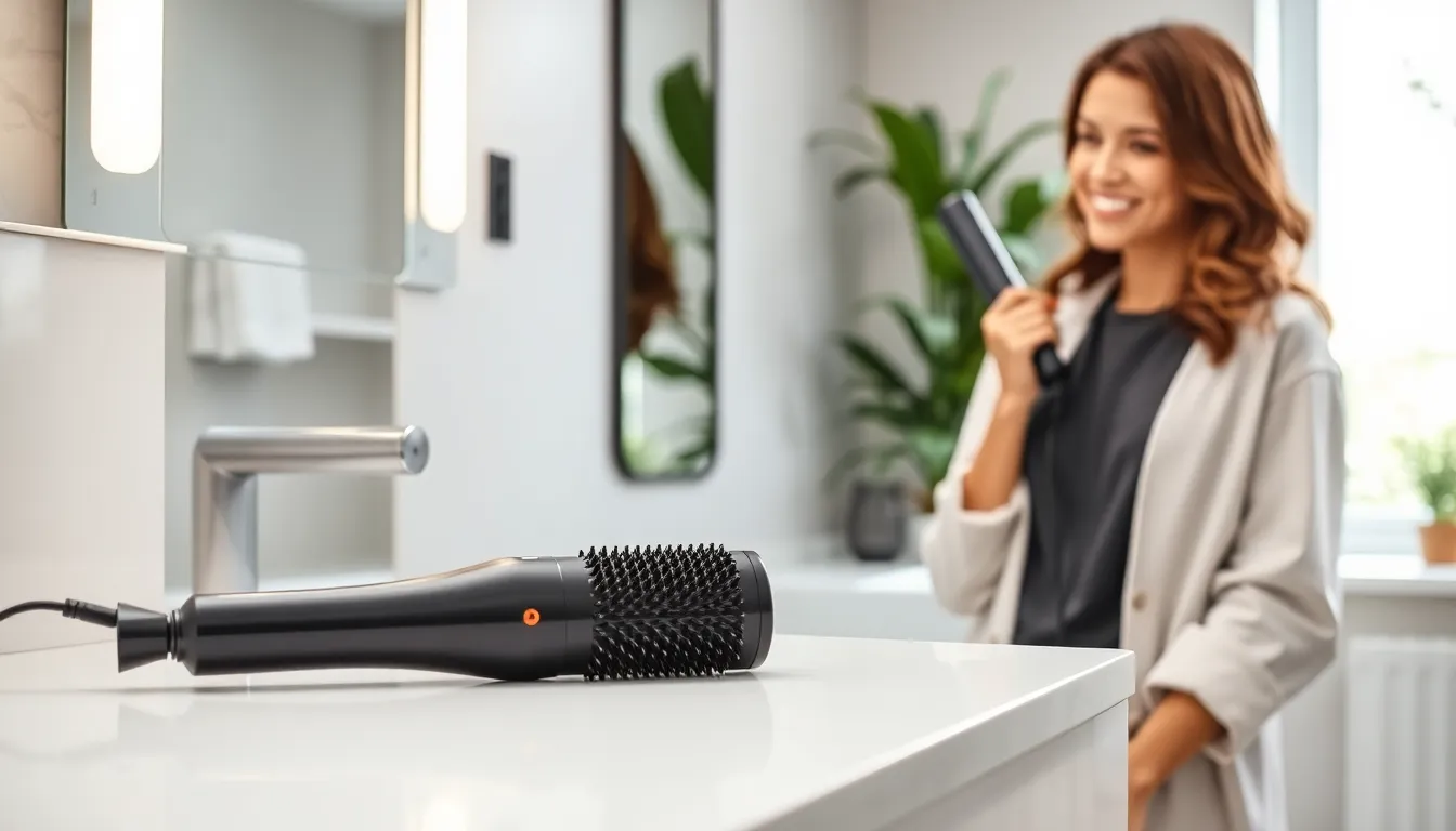 woman using a hot air brush in a modern bathroom.