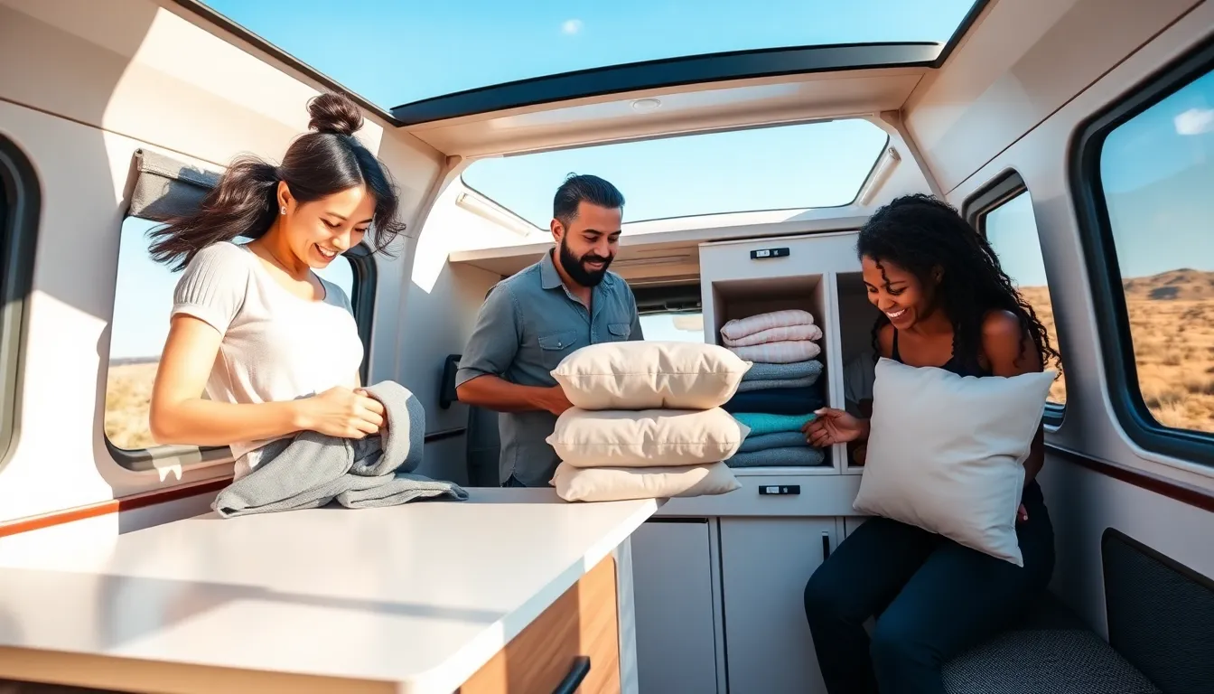 diverse travelers packing a travel trailer for an adventure outdoors.