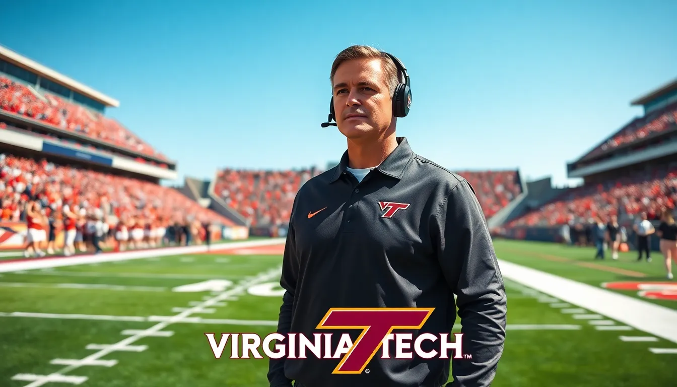 Virginia Tech football coach on the field with fans in the background.