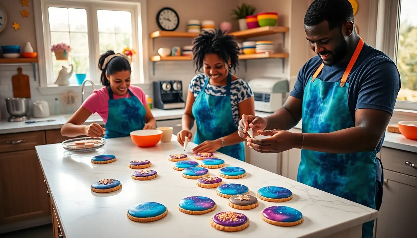 diverse bakers decorating colorful nebula cookies in a cheerful kitchen.