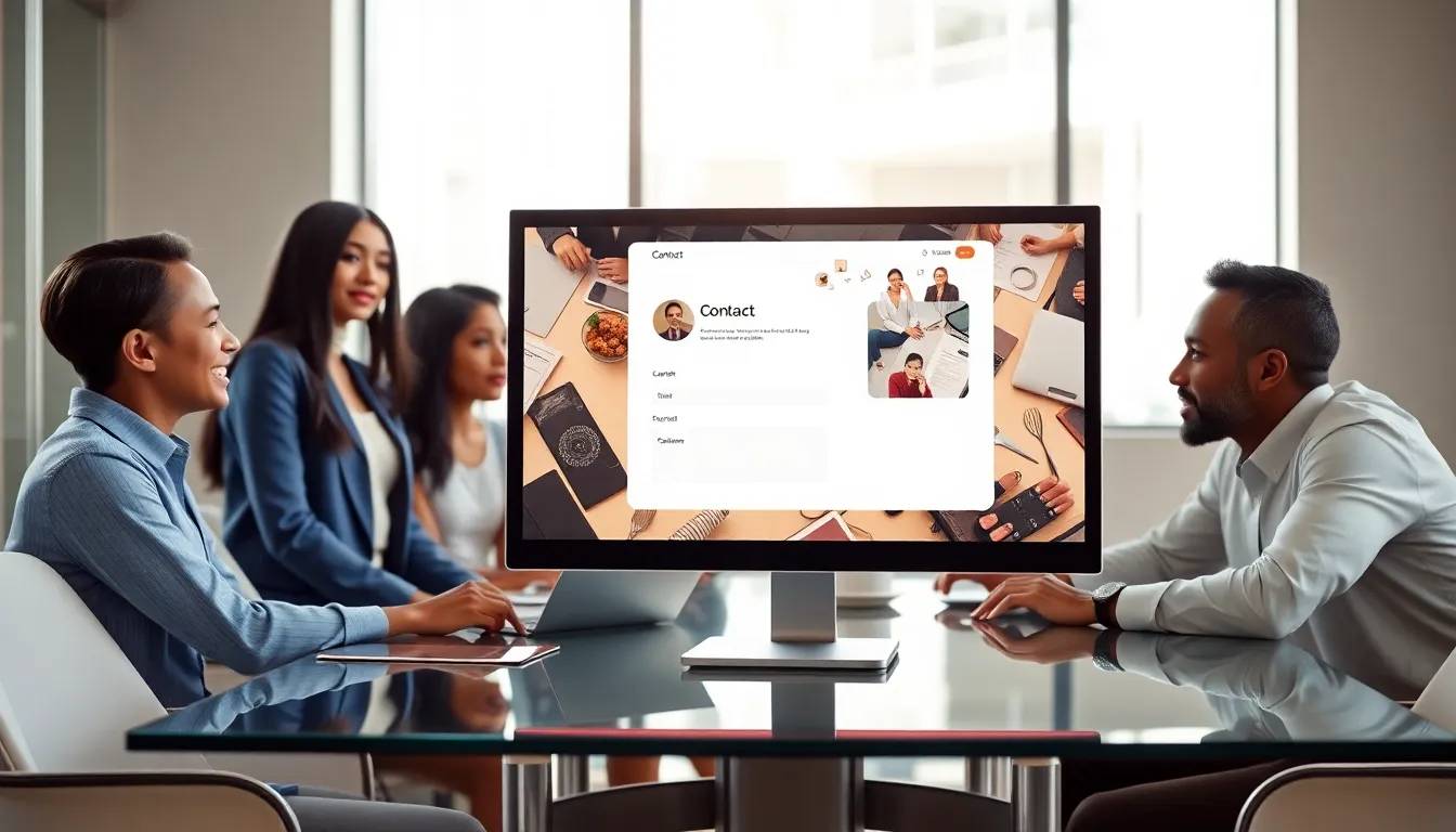 Modern contact page design in an office with a diverse team discussing.
