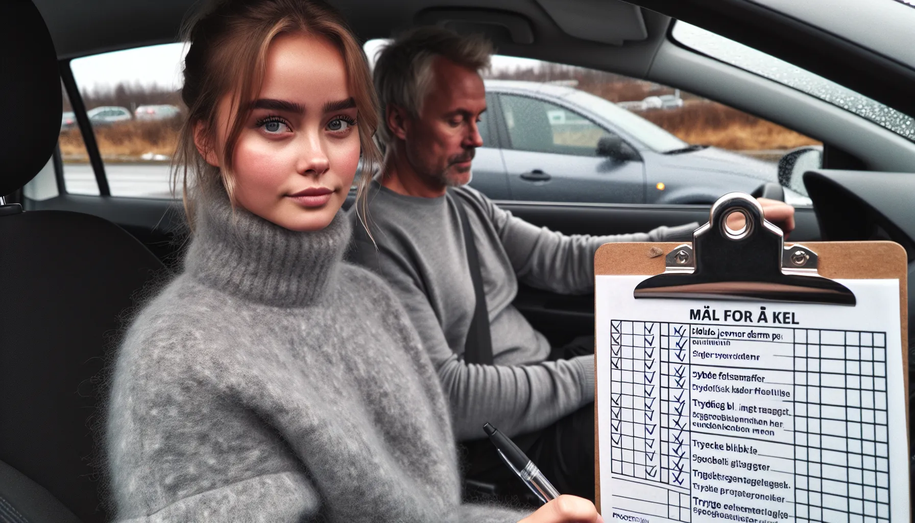 Learner reviews micro-goals with instructor in a norwegian driving school car.