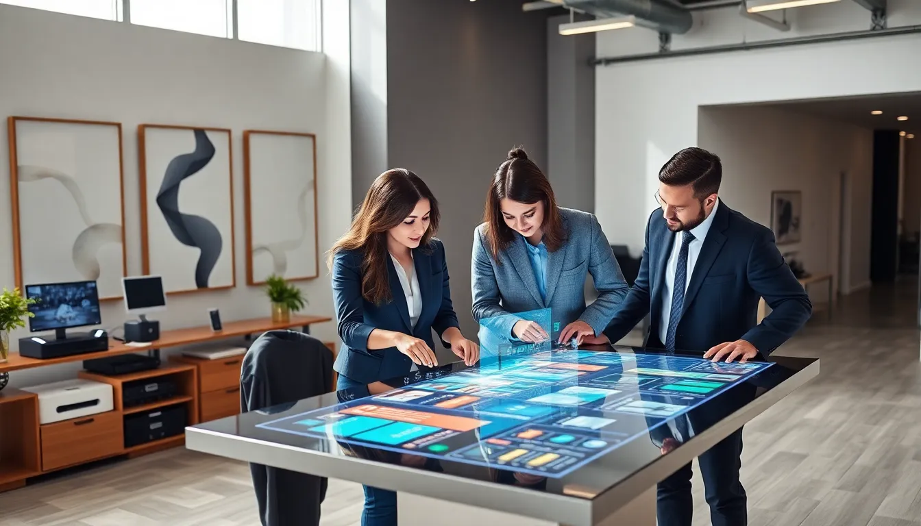 professionals discussing 5D35X technology in a modern office.