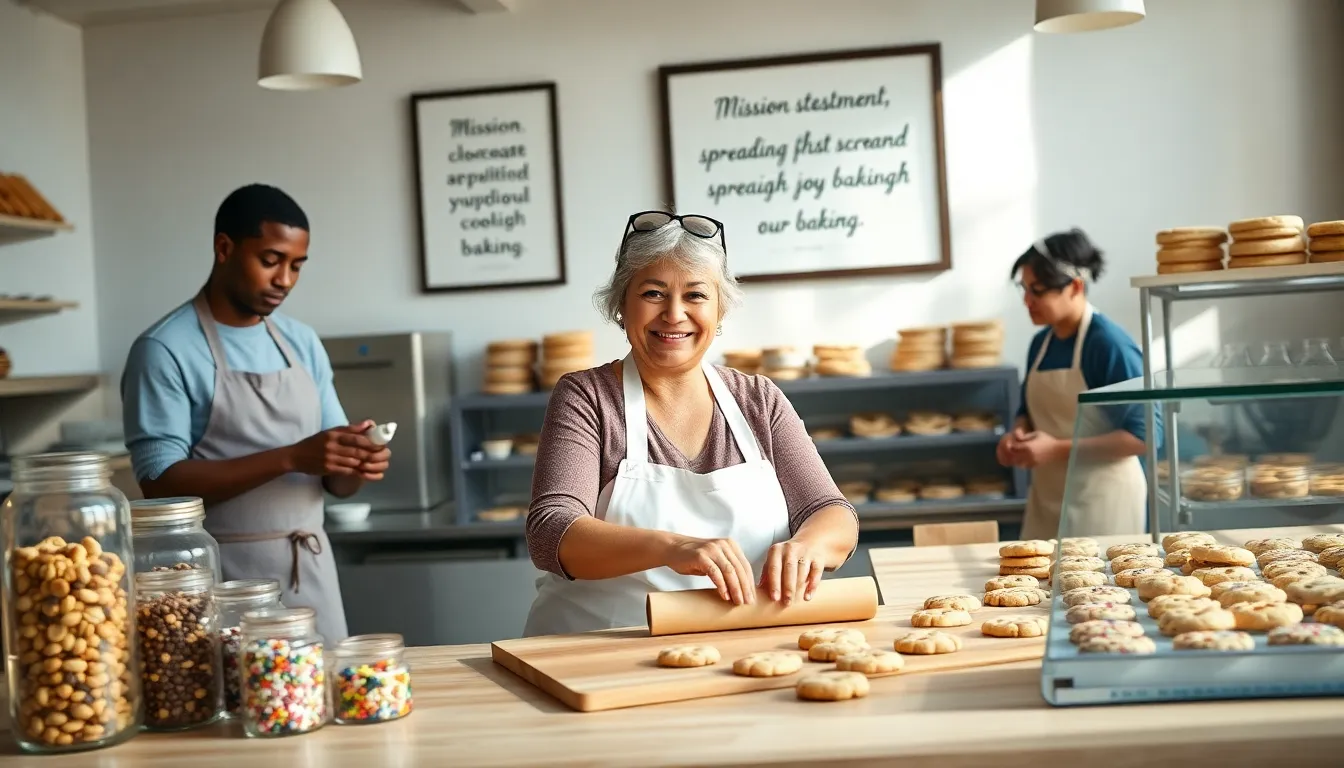 A diverse team baking cookies in a bright, welcoming bakery.