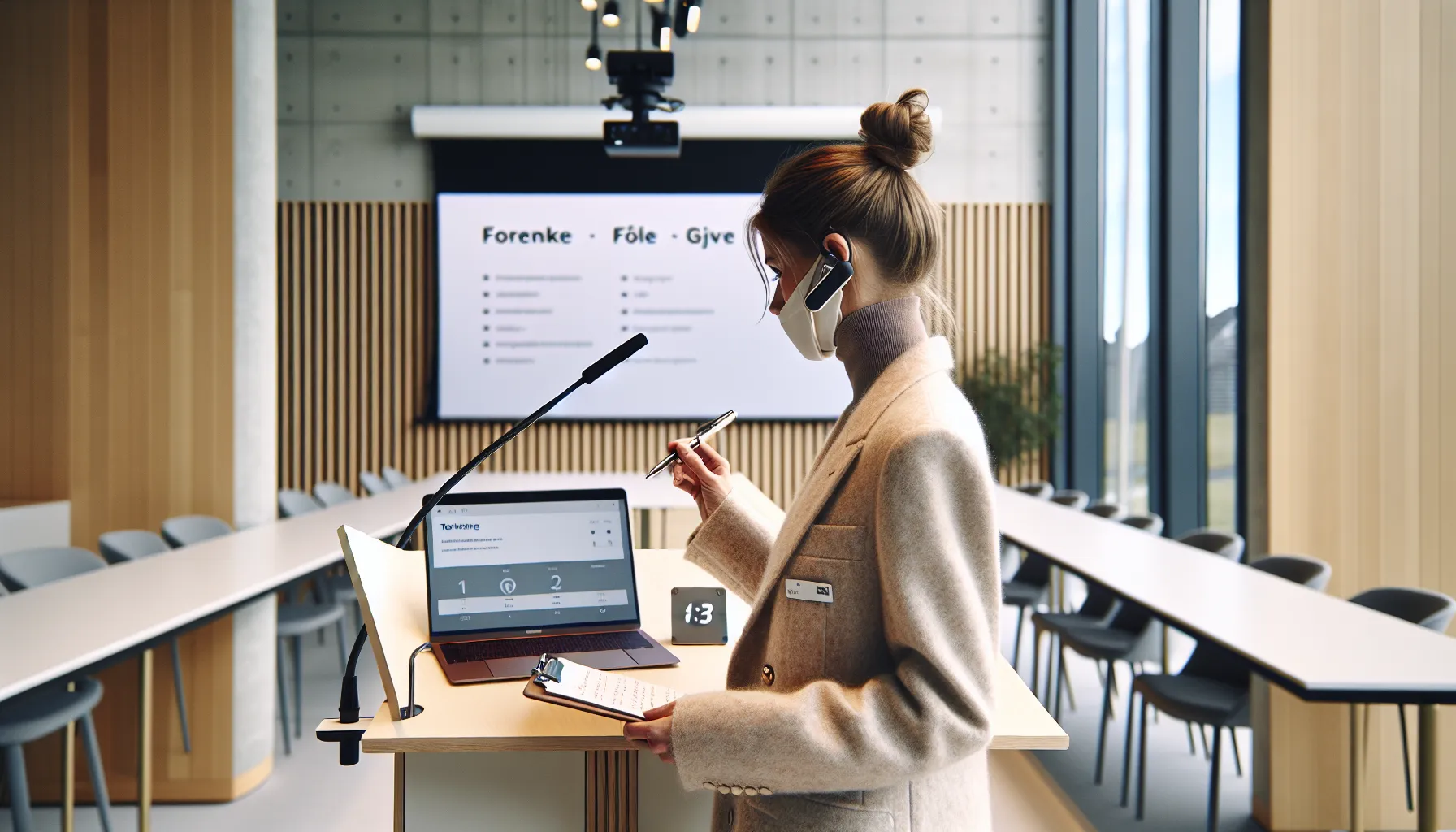 Presenter checks think–feel–do list before speaking to a hybrid norwegian audience.