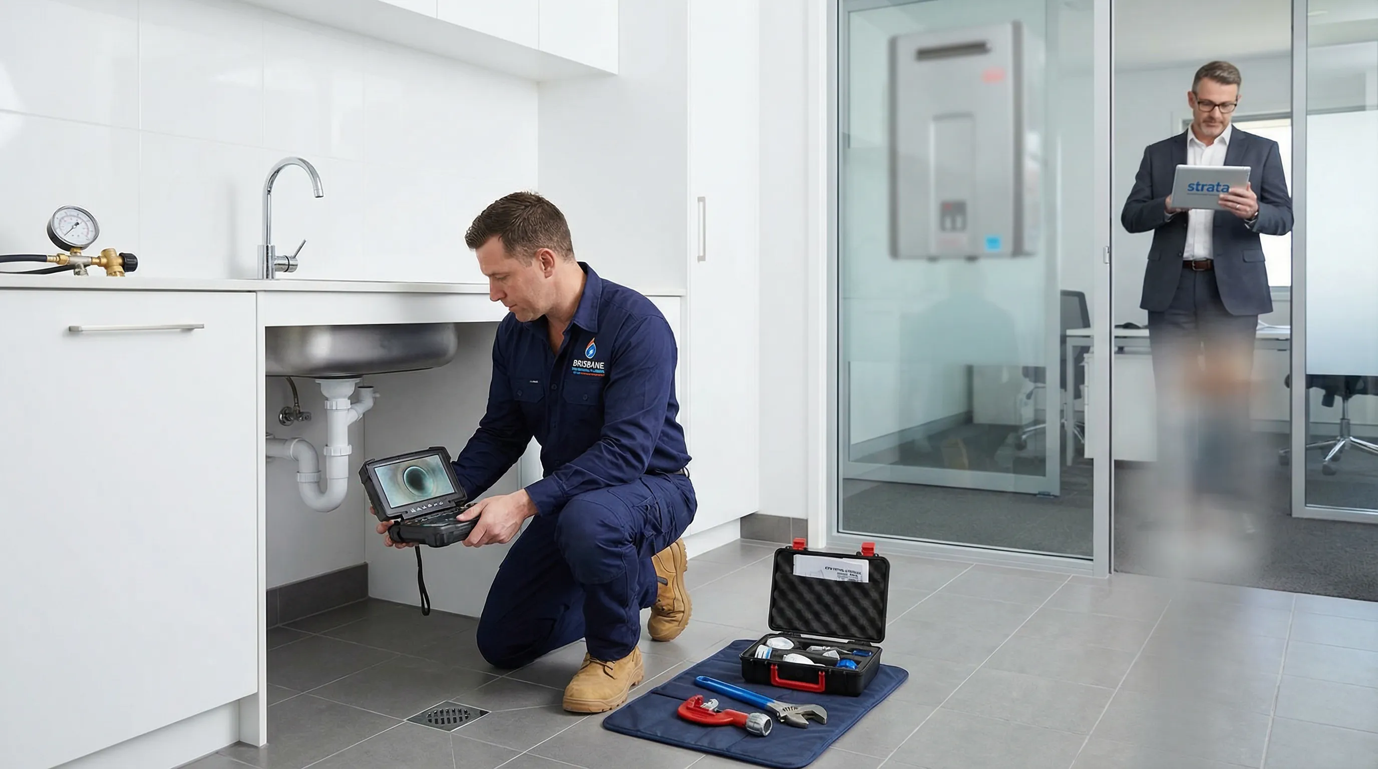 Brisbane plumber using CCTV drain camera with tools and compliance paperwork nearby.