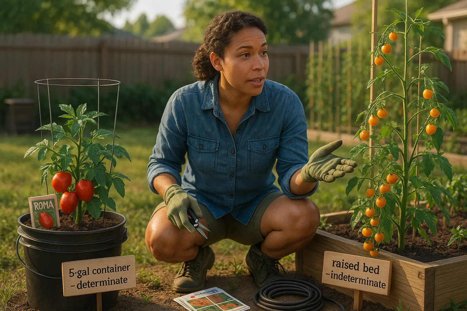 Gardener comparing determinate Roma in a bucket and indeterminate Sungold vine in raised bed.