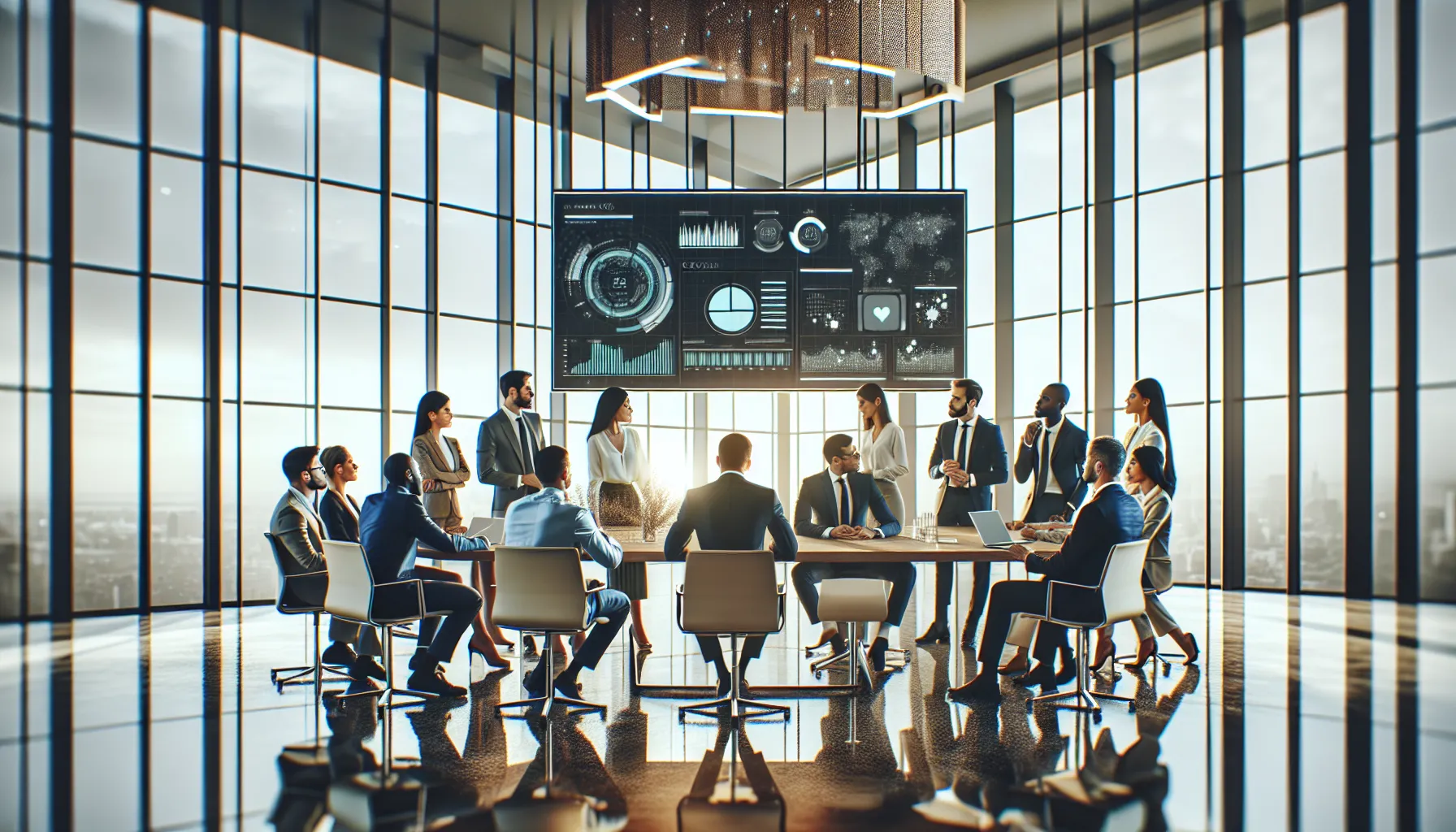 diverse team collaborating on data analytics in a modern office.