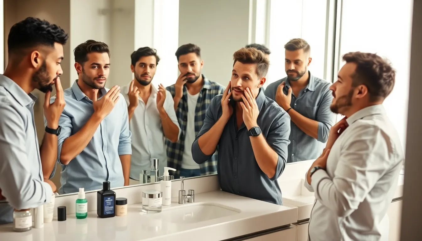 diverse men applying skincare products in a modern bathroom.