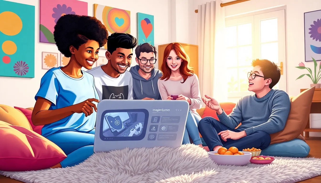 four friends enjoying multiplayer games on a laptop in a cozy living room.