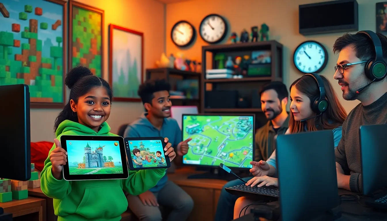 a group of diverse gamers collaborating on Minecraft projects in a cozy room.