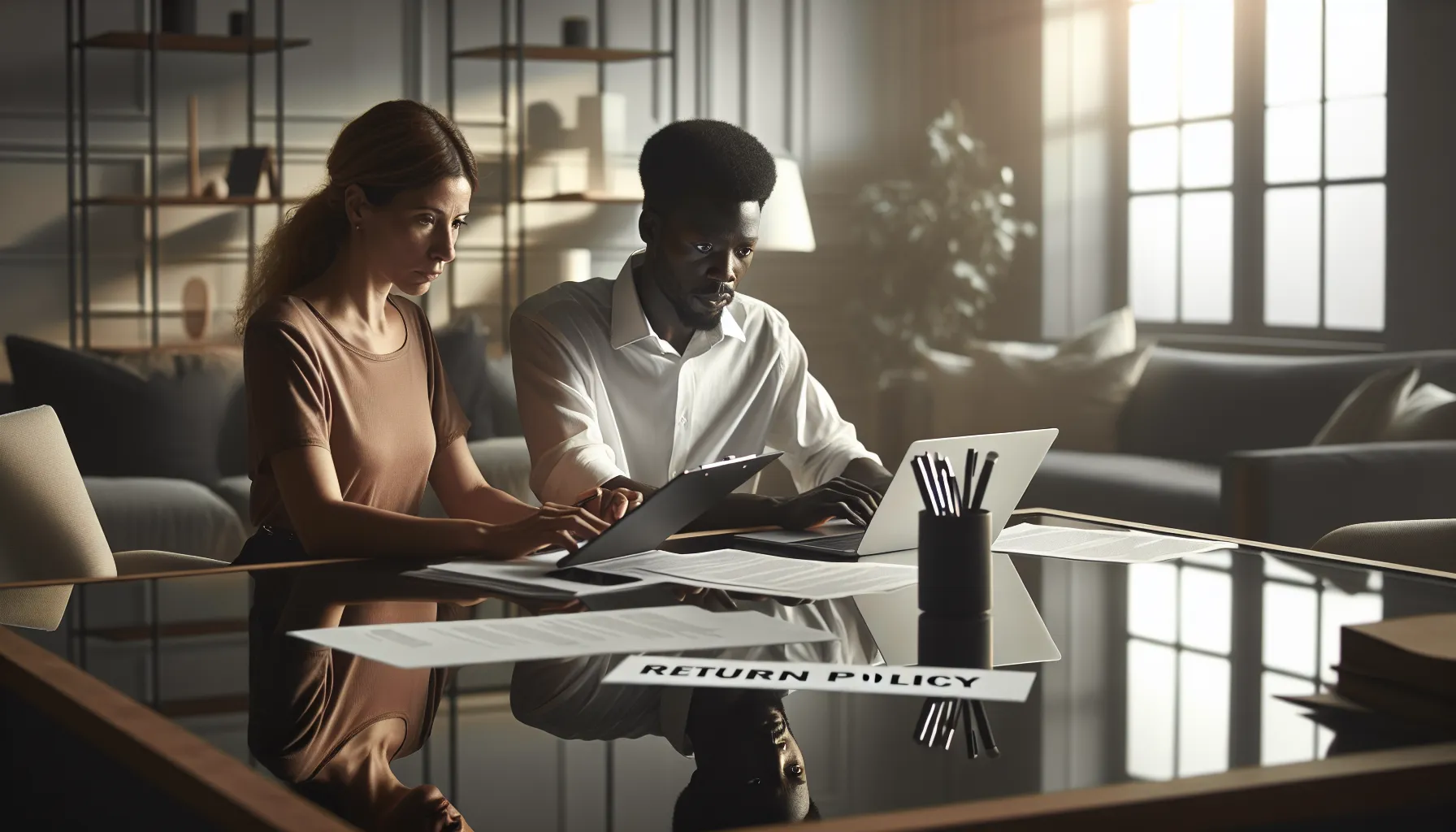 colleagues discussing online return policy in a modern office.