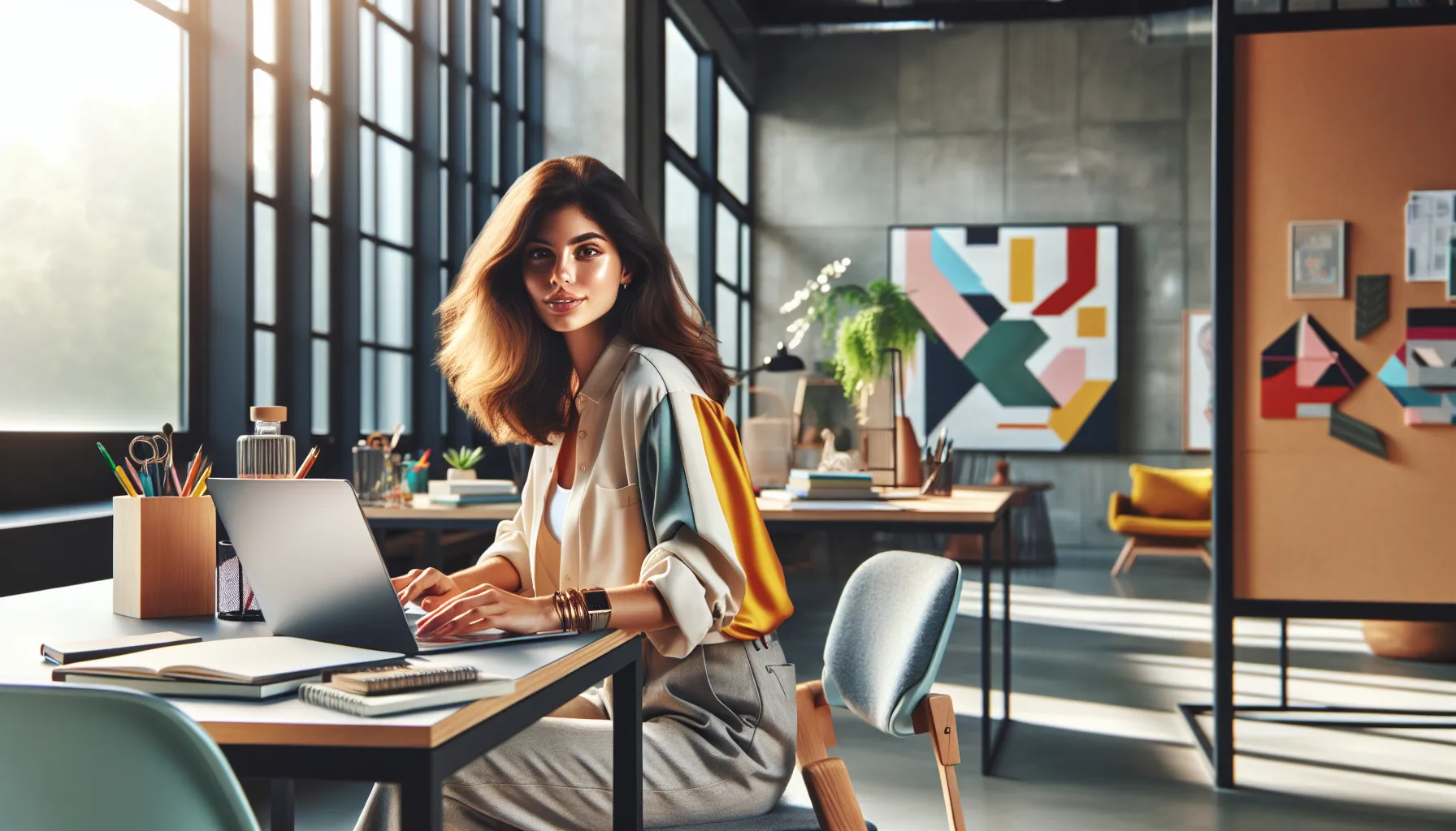 woman working in a modern, creative office setting.
